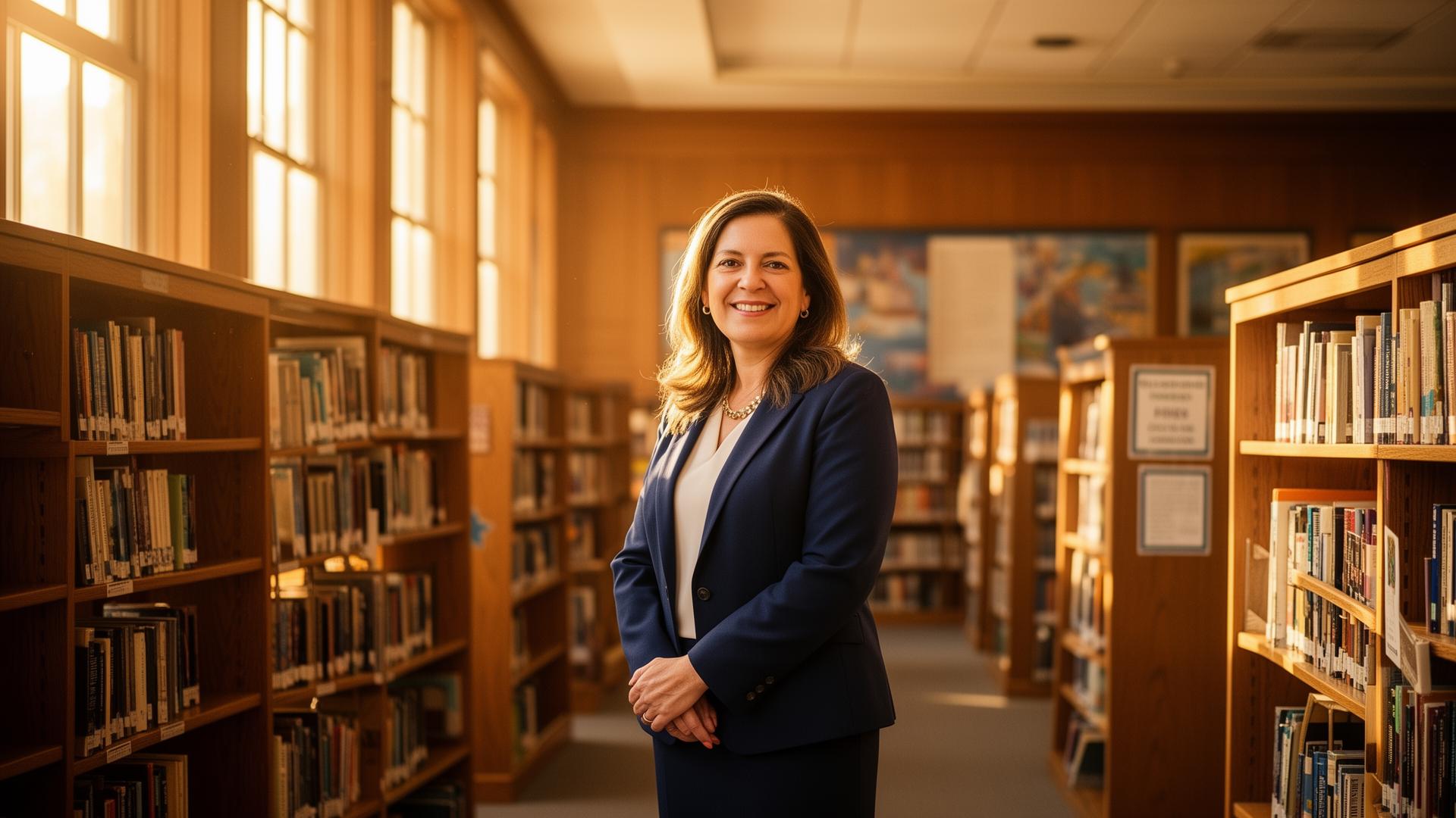 Smiling female school principal in a navy blazer standing in a sunlit wood-paneled library