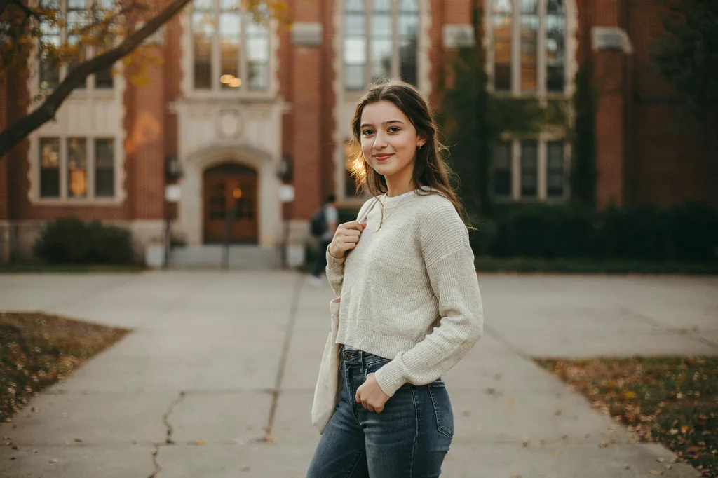 A senior portrait session photographed on location at a school.