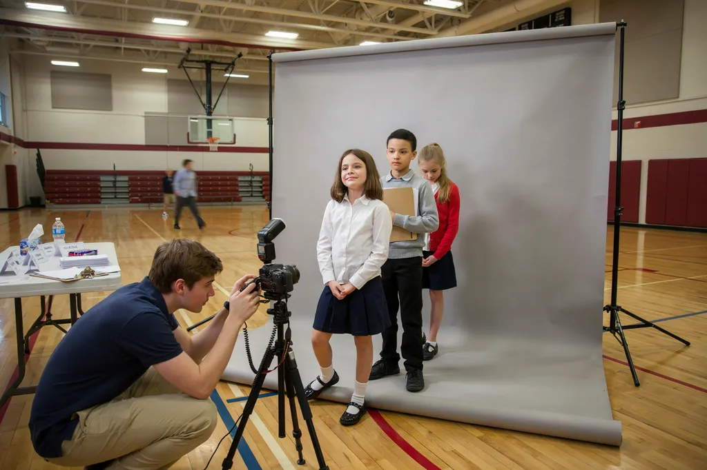 A Continental Studios picture-day station set up in a school gym.